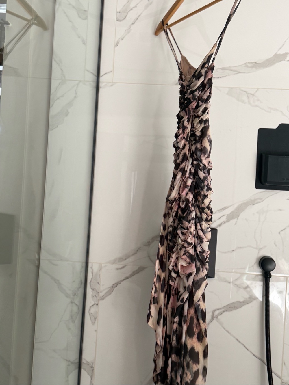 AFRM Strapless Ruched Leopard-Print Slip Dress in Beige, Black and Pink